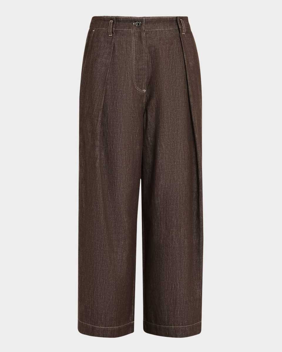 A-Line Pleated Wide Leg Cropped Denim Pants